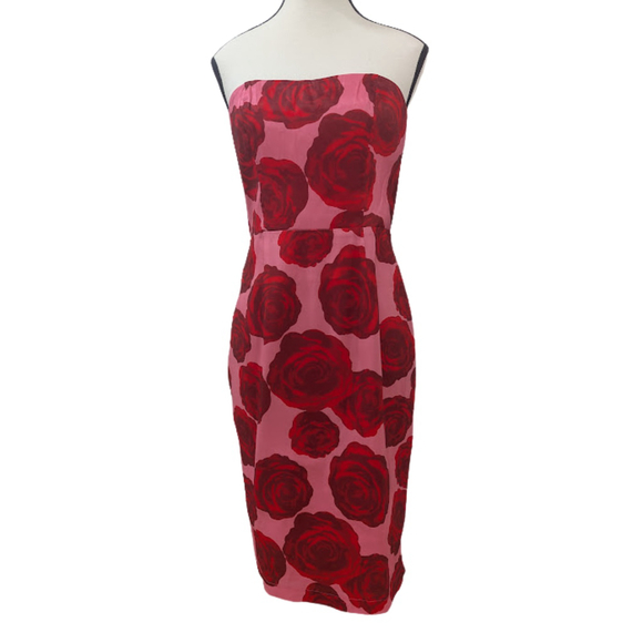 Pink Red Rose Strapless Midi Dress Coquette Fairycore Romantic Goth NY&Co SZ S - Picture 1 of 12